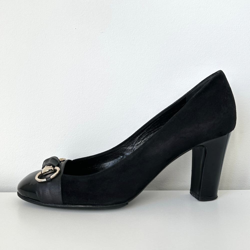 Gucci Classic Black Suede Pumps Bamboo Horsebit Cap Toe IT 39 - Picture 3 of 15